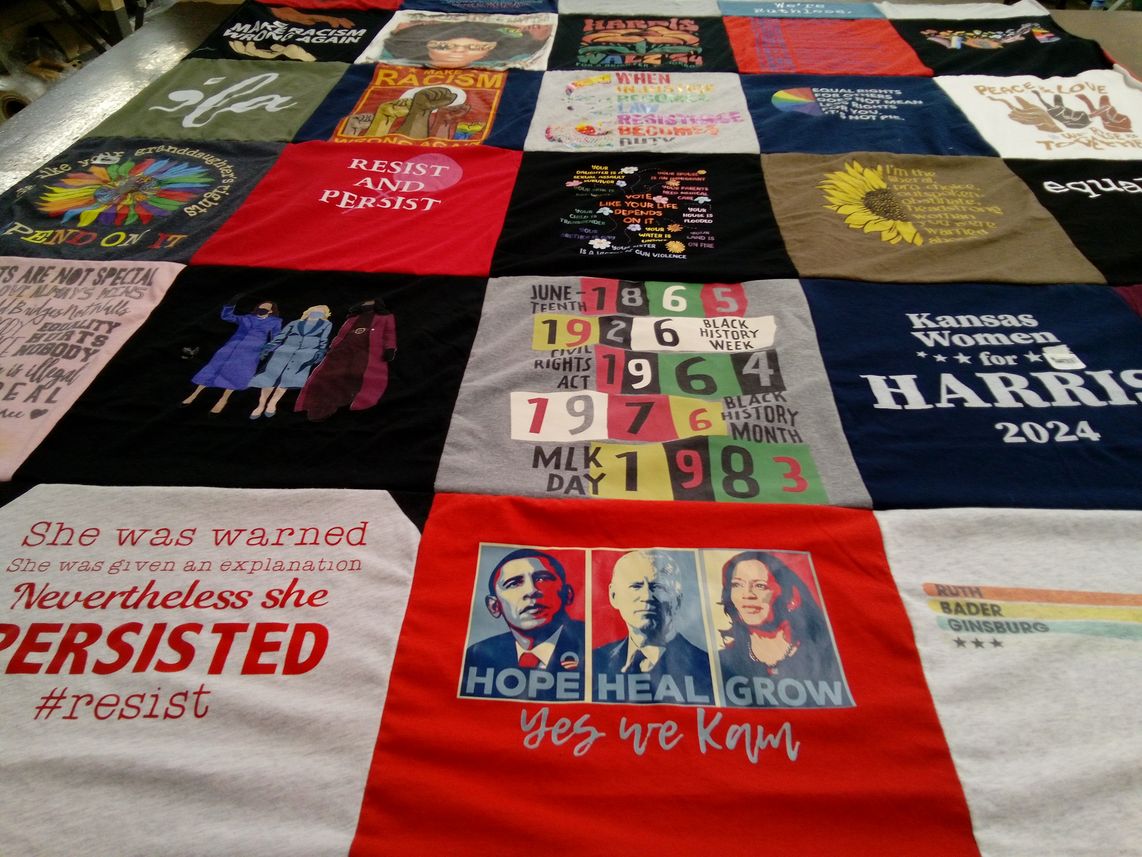 T-shirt quilt with social justice, activism themes by Carrie from KS