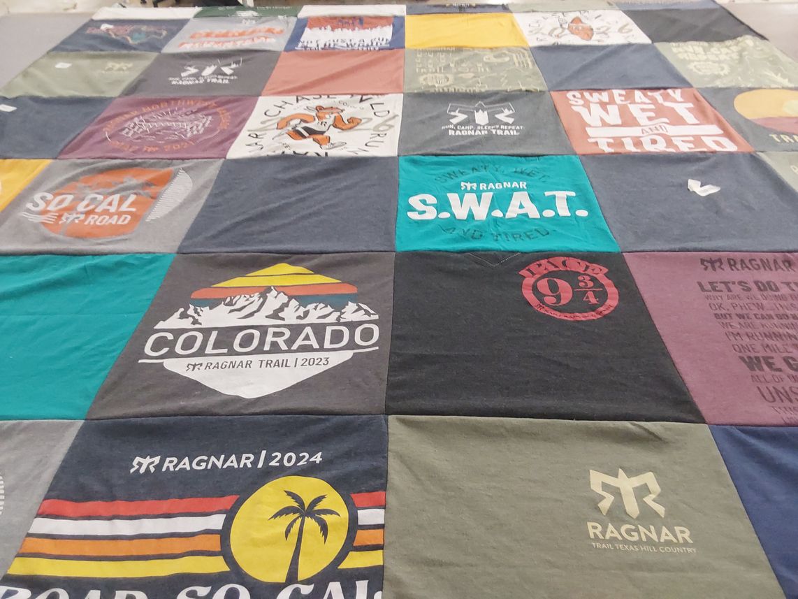 T-shirt quilt with running, outdoor activities themes by Cindy from CA