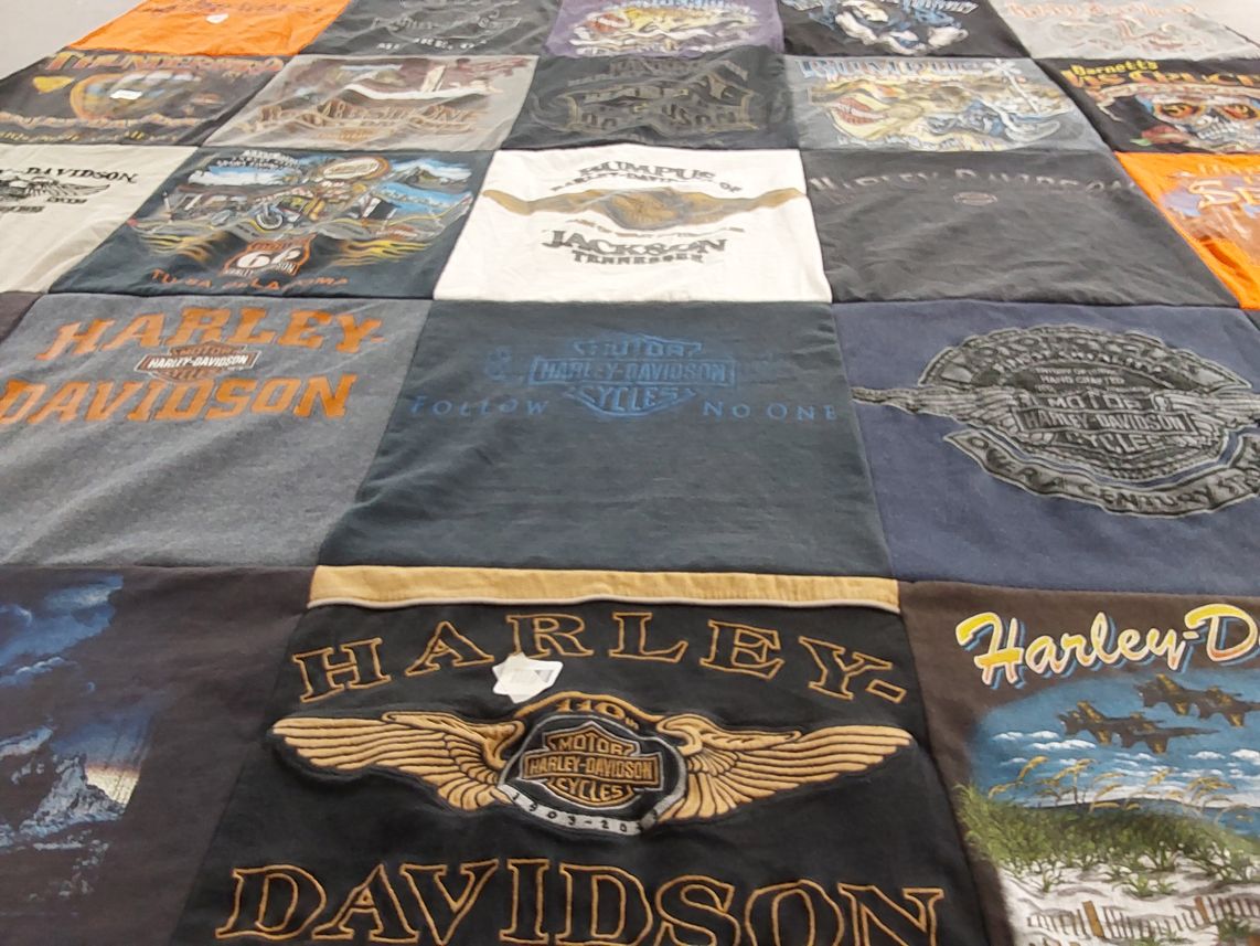 T-shirt quilt with motorcycles, biking themes by Donna from TN