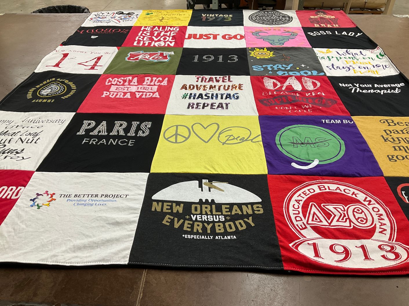 T-shirt quilt with travel, adventure themes by Tara from TX