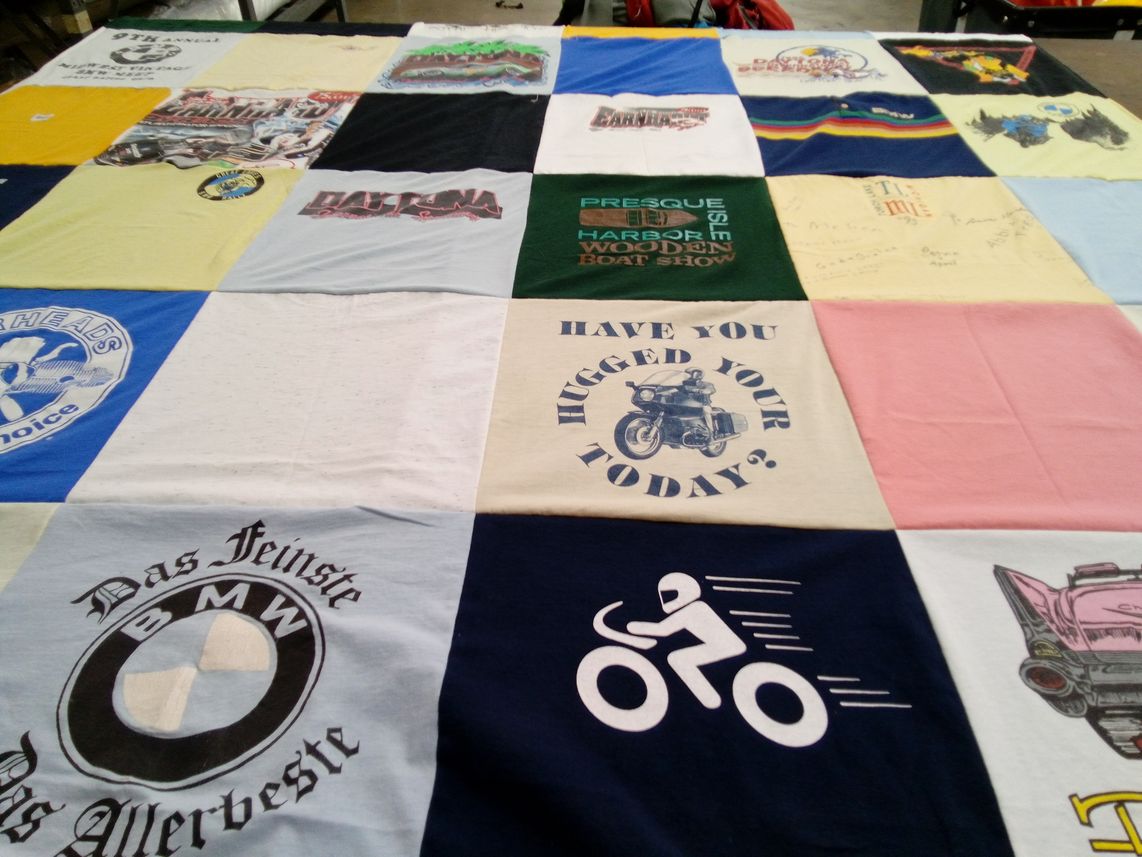 T-shirt quilt with motorcycles, cars themes by Abigail from MI