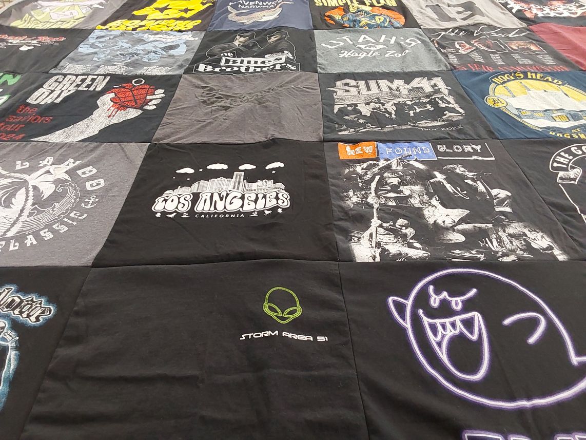 T-shirt quilt with music, bands themes by Amber from UT
