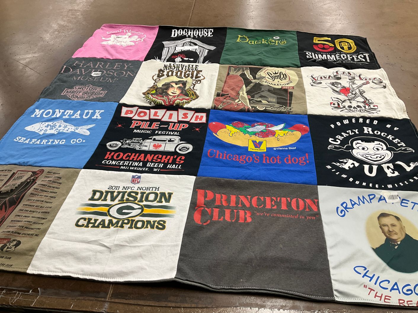 T-shirt quilt with motorcycles, music themes by Carey from WI