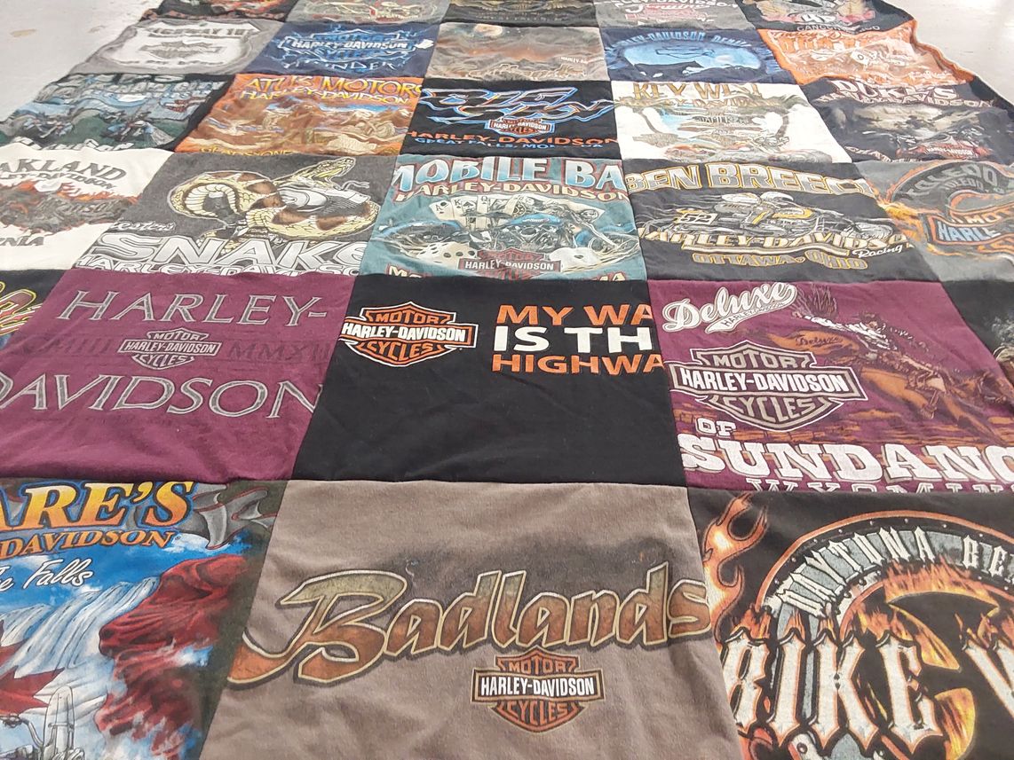 T-shirt quilt with motorcycles, biking themes by Cynthia from OH
