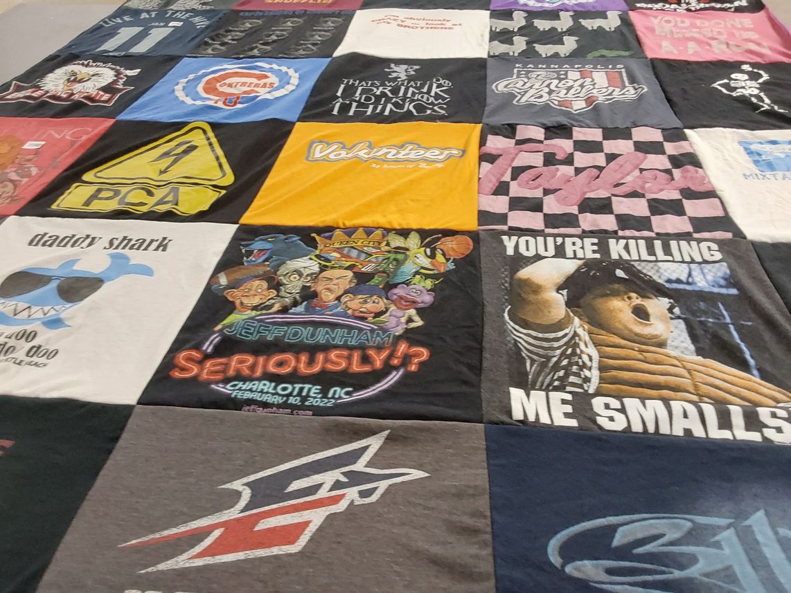 T-shirt quilt with comedy, music themes by Thaddeus from SC