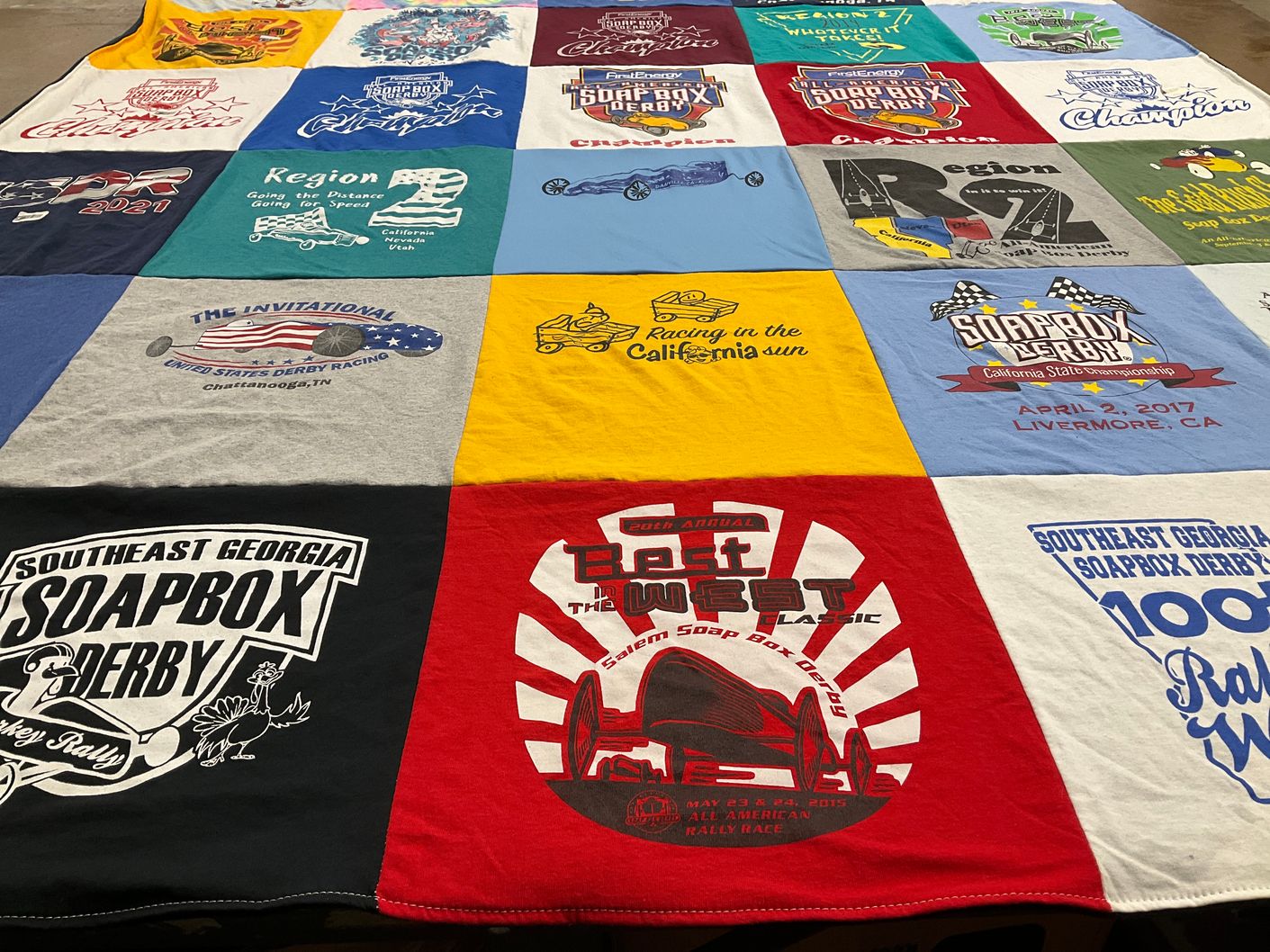 T-shirt quilt with soapbox racing, derby racing themes by Judy from CA