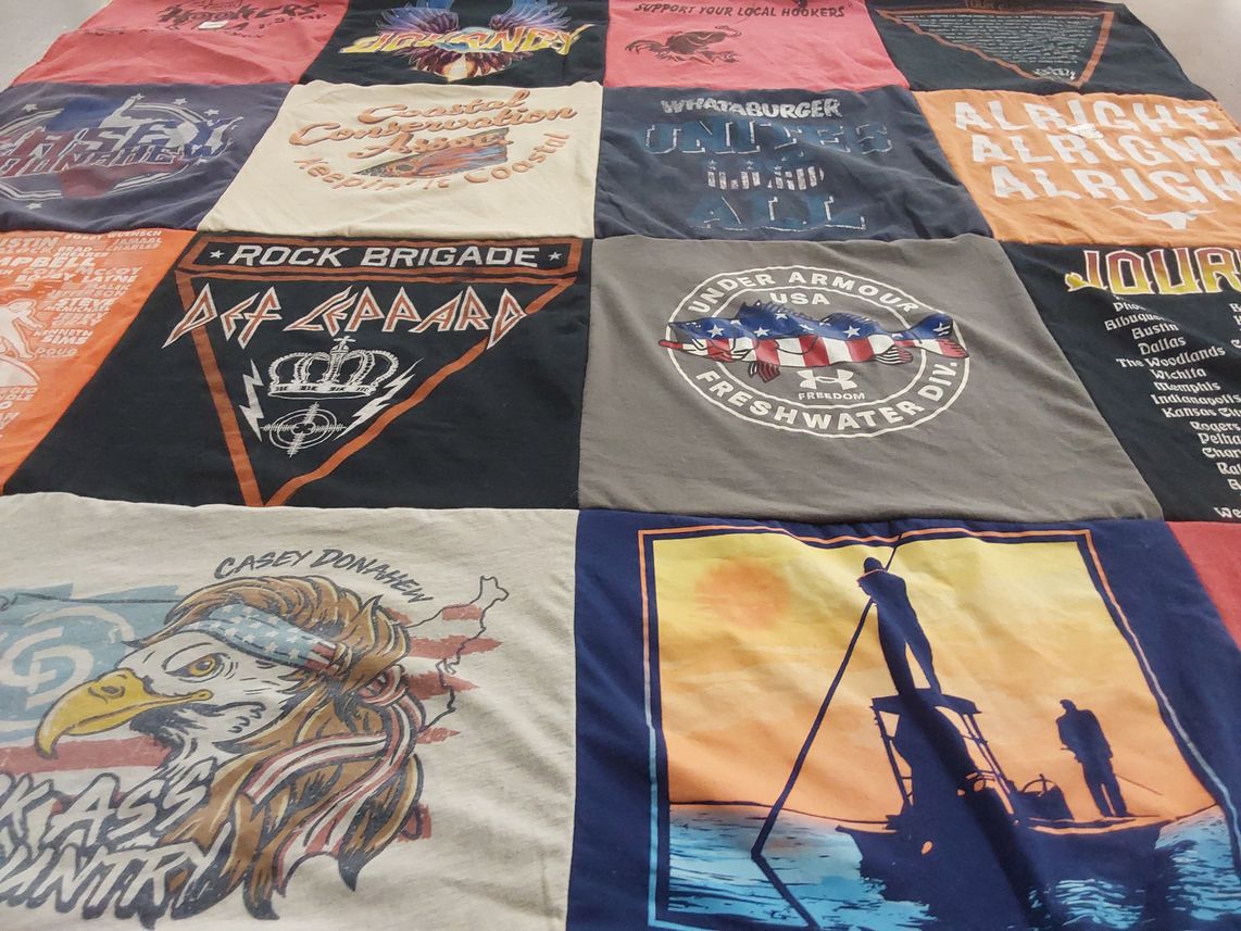 T-shirt quilt with music, fishing themes by Robby from TX
