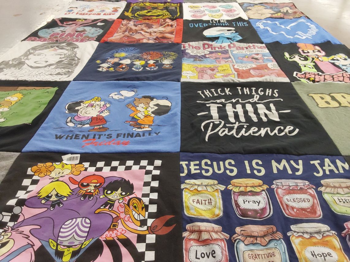 T-shirt quilt with cartoons, humor themes by Cynthia from TX
