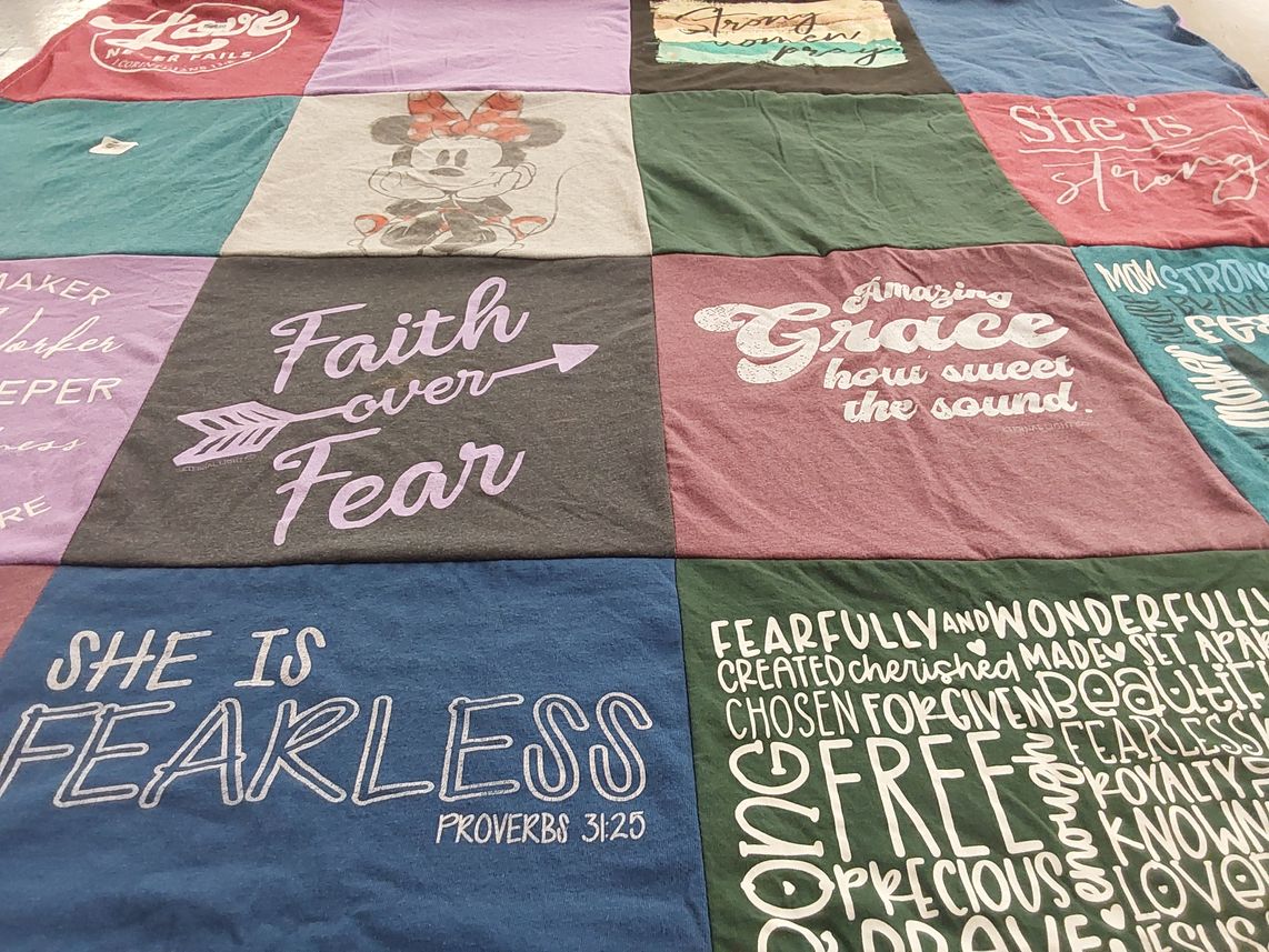 T-shirt quilt with faith, strength themes by Sandra from CA