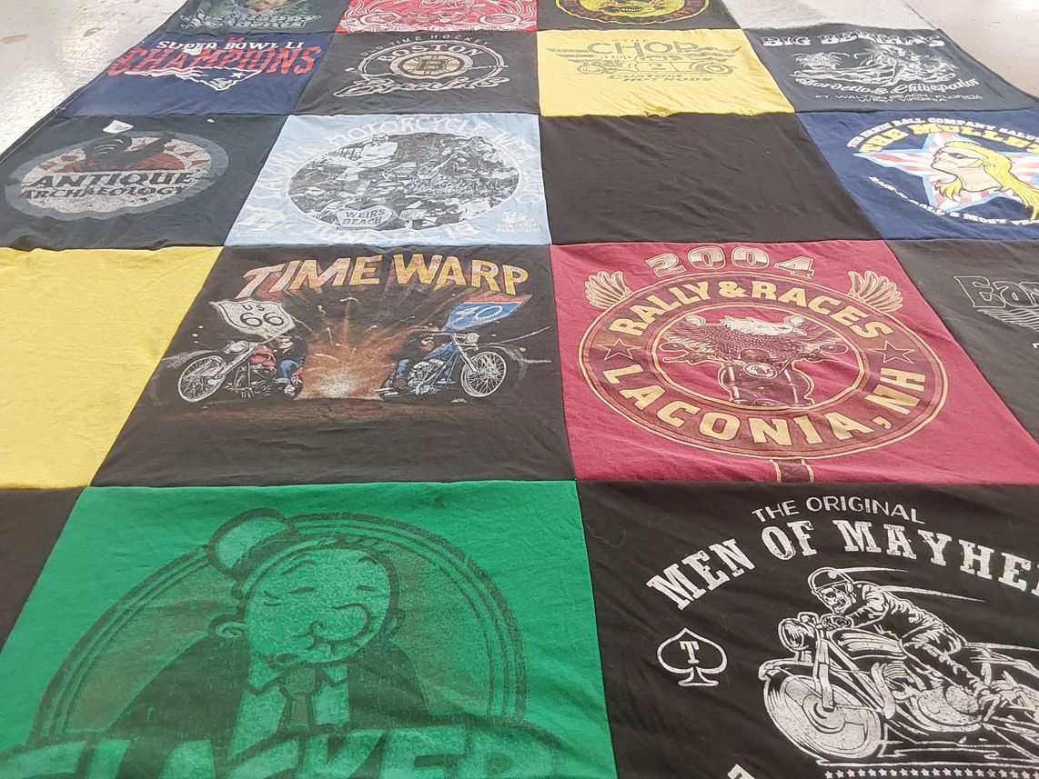 T-shirt quilt with motorcycle, sports themes by Terri from NH