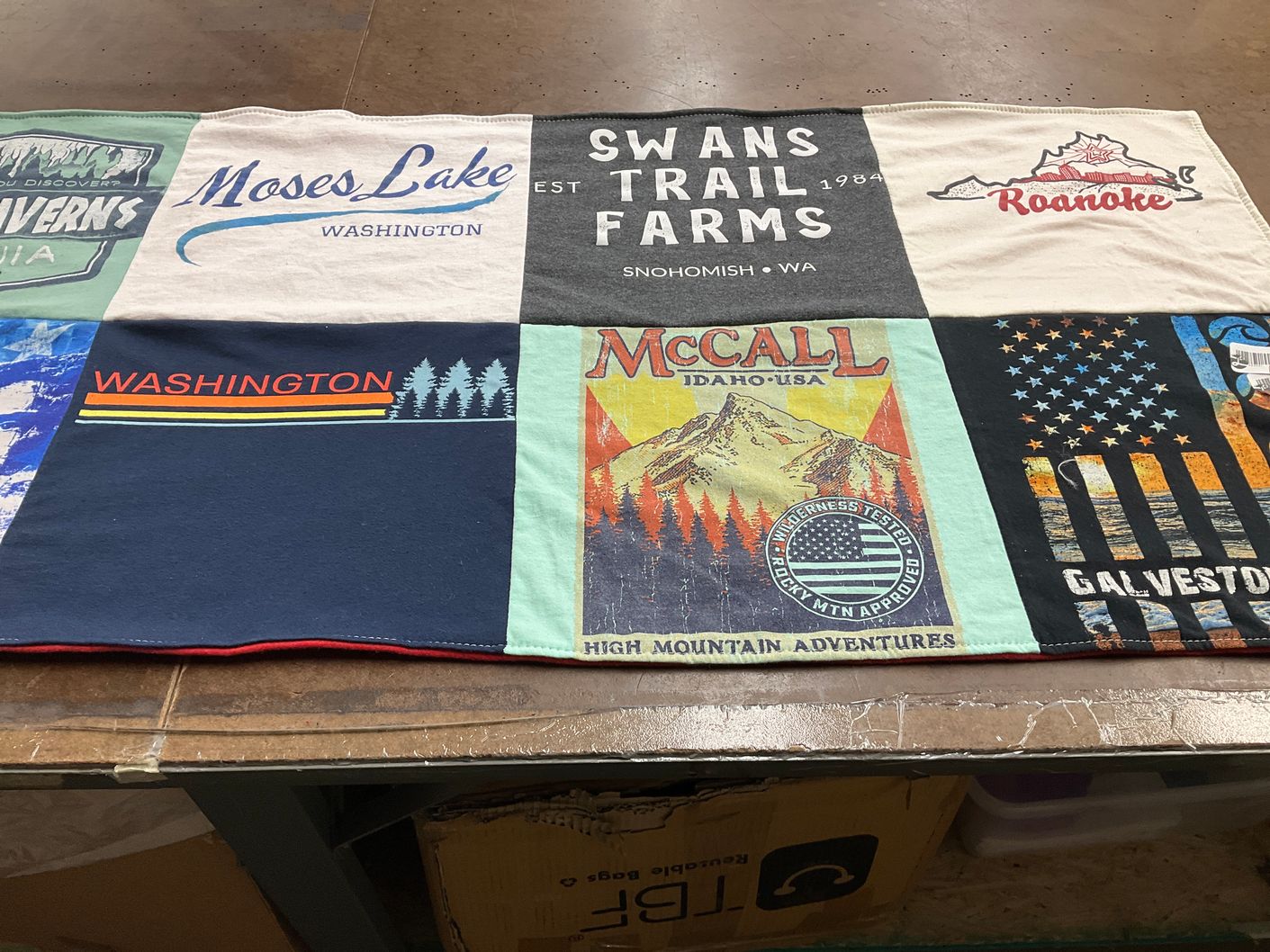 T-shirt quilt with travel, outdoor themes by Melissa from ID
