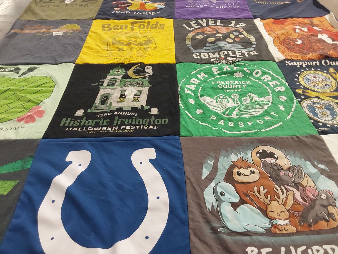 T-shirt quilt with music, gaming themes by Niki from VA