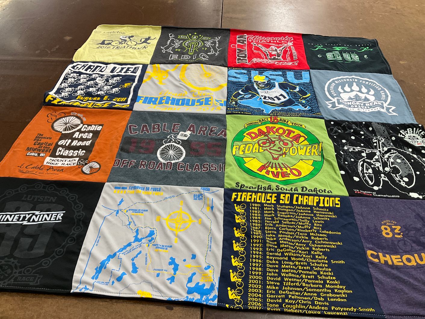 T-shirt quilt from cable area high school, grand view university by Linda from MN