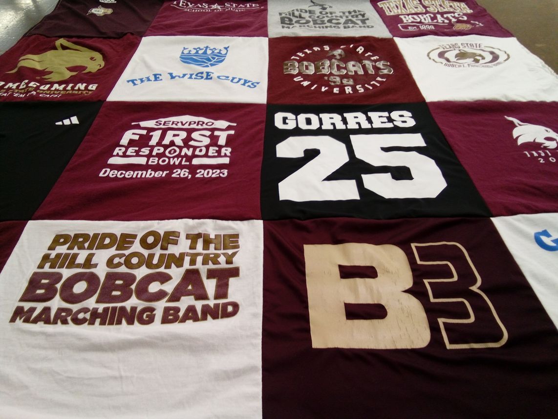 T-shirt quilt featuring texas state bobcats by Teresa from TX