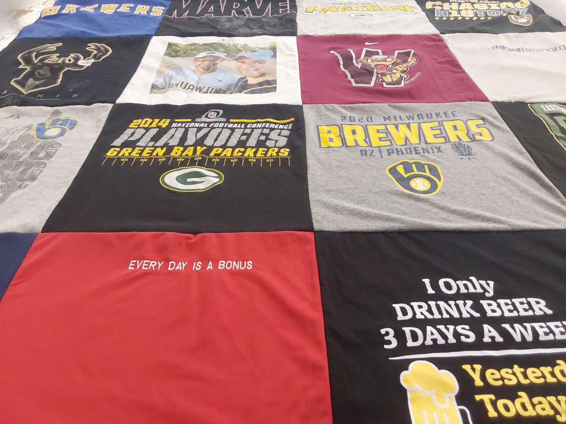 T-shirt quilt featuring green bay packers, milwaukee brewers by Sandra from WI