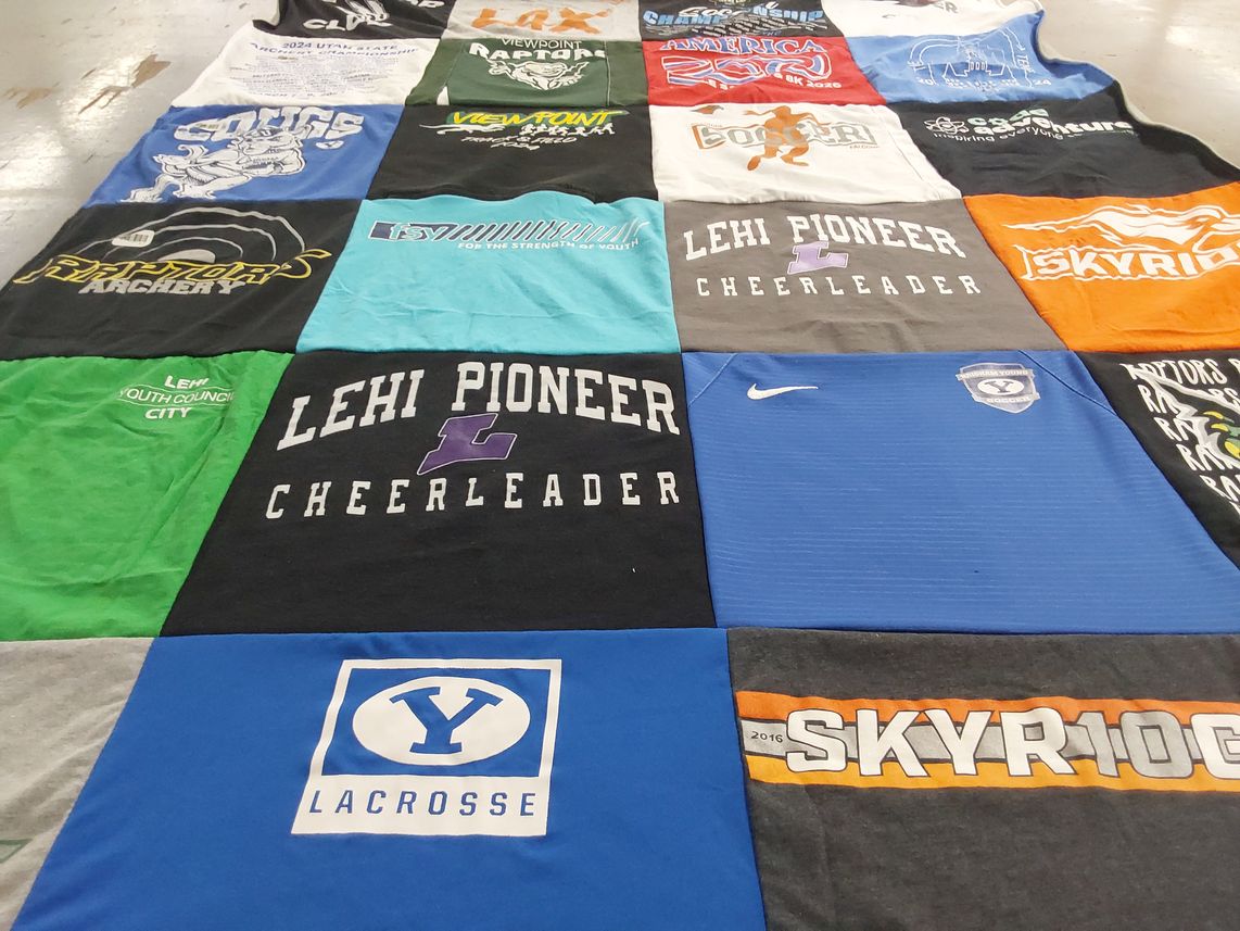 T-shirt quilt featuring lehi high school cheerleading, brigham young university lacrosse by Jenae from UT