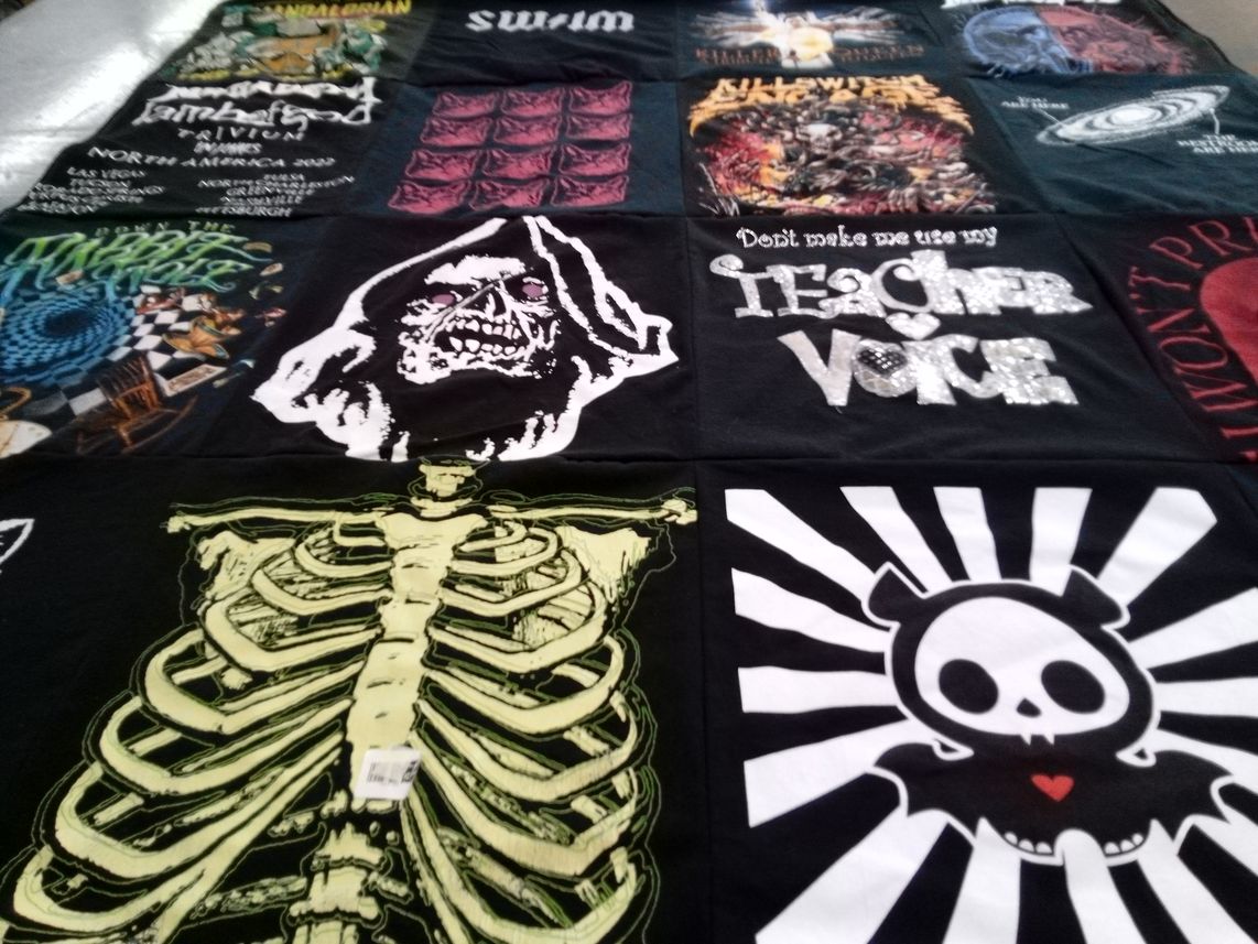 T-shirt quilt with music, rock themes by Bethany from TX