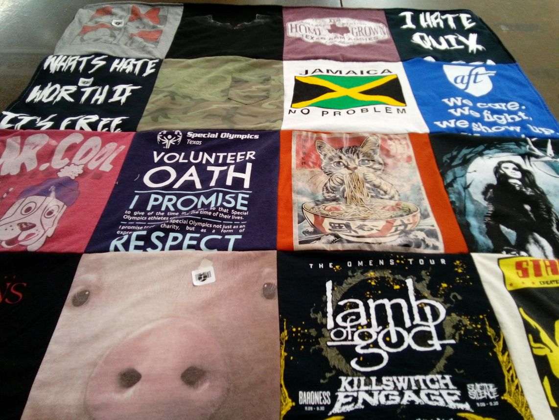 T-shirt quilt with volunteering, music themes by Bethany from TX