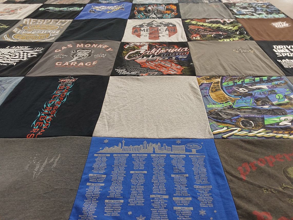 T-shirt quilt with motorsports, racing themes by Barbara from CA