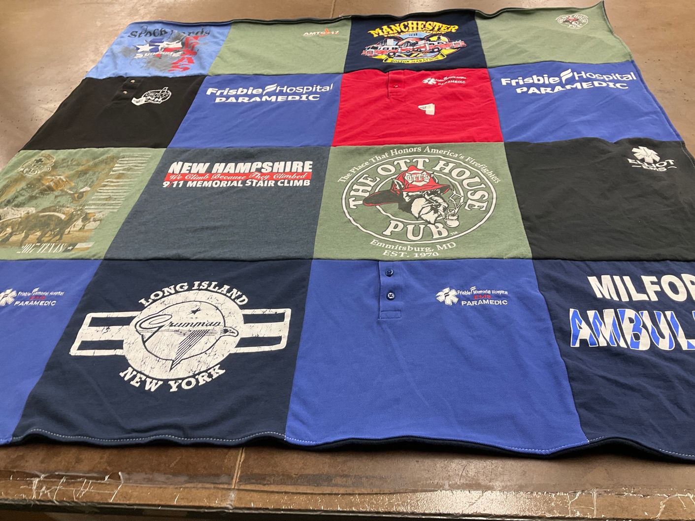 T-shirt quilt with emergency services, firefighting themes by Heather from NH
