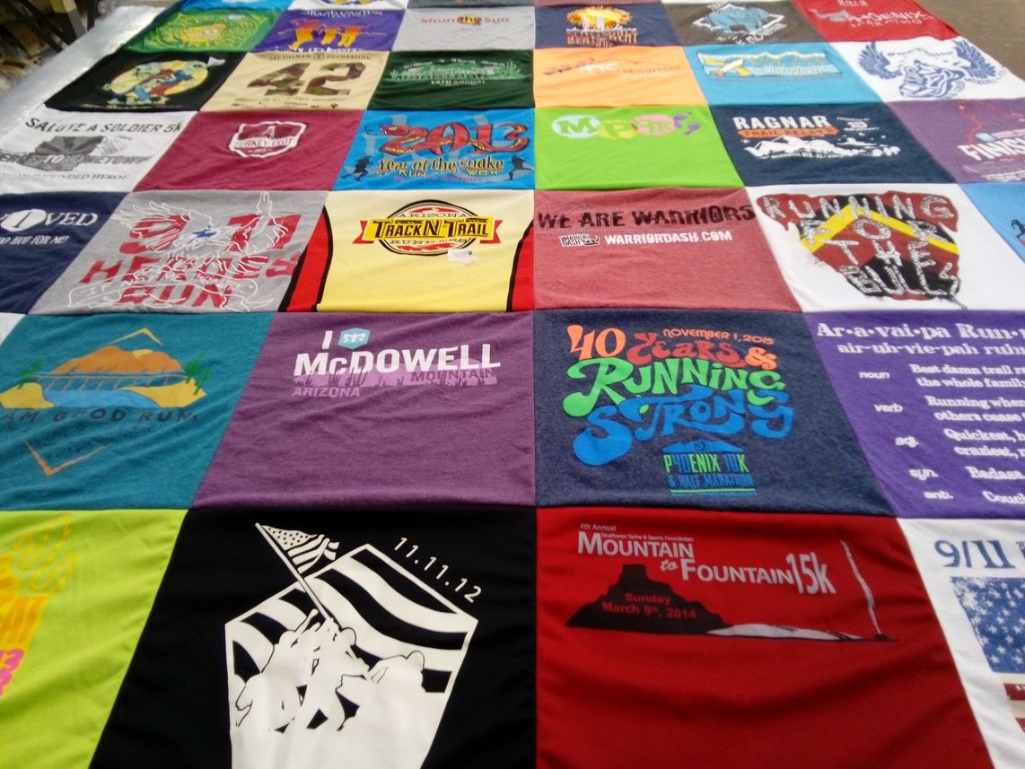 T-shirt quilt with running, marathons themes by Nadine from AZ