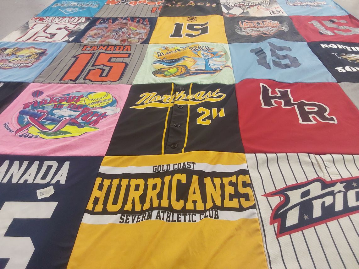 T-shirt quilt with sports, softball themes by Ashley from MD