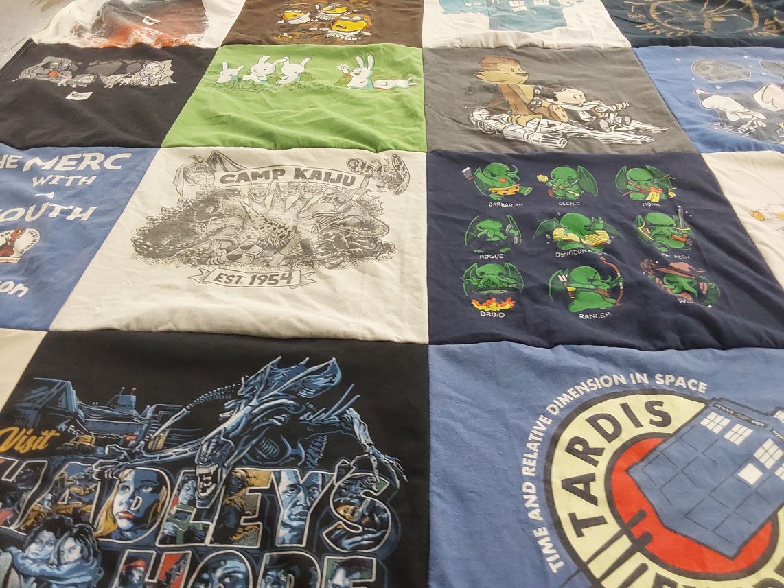 T-shirt quilt with fantasy, horror themes by Katie from CO