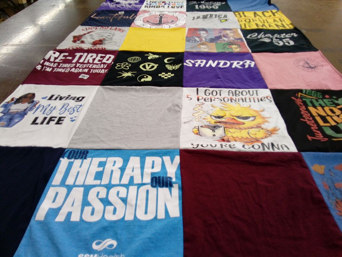 T-shirt quilt with self-care, humor themes by Jessica from TX