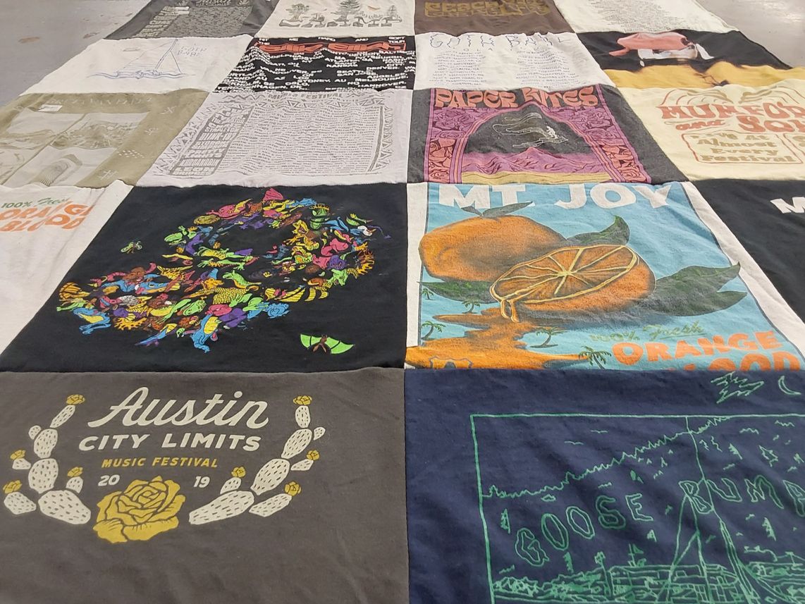 T-shirt quilt with music, festivals themes by Ginny from VA