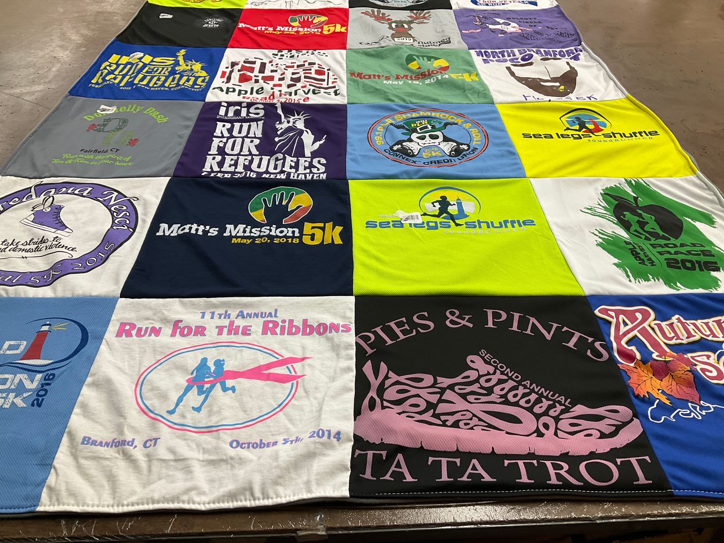 T-shirt quilt with running, charity themes by Christine from CT