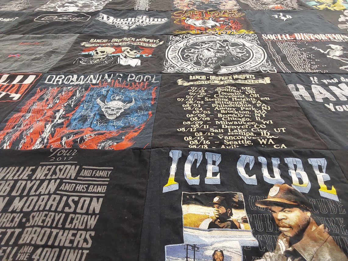 T-shirt quilt with music, concerts themes by Sara from WI