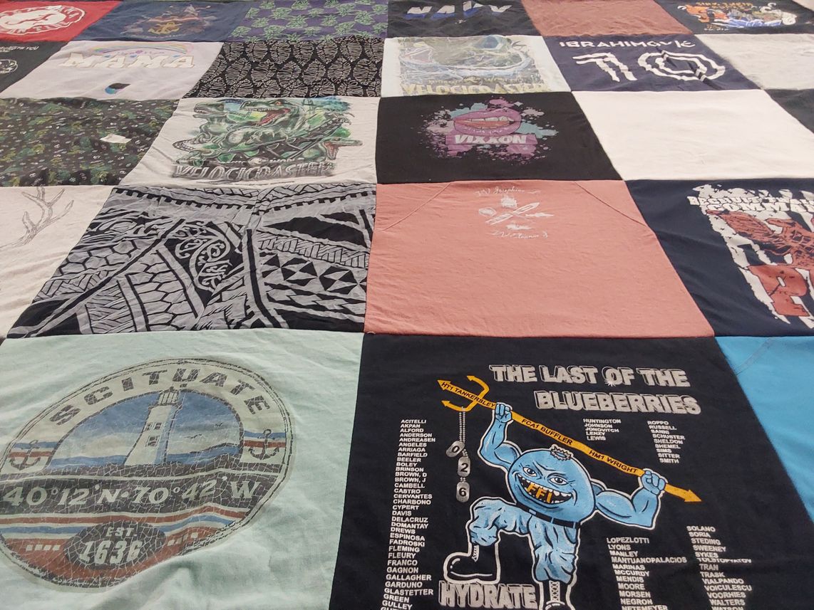 T-shirt quilt with fishing, marine life themes by mary from VA
