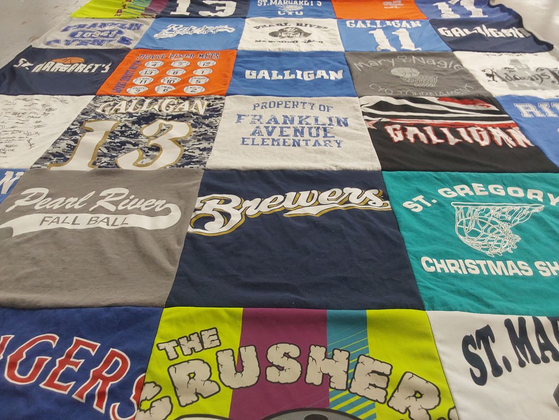 T-shirt quilt featuring pearl river brewers, rangers by Jennifer from NY