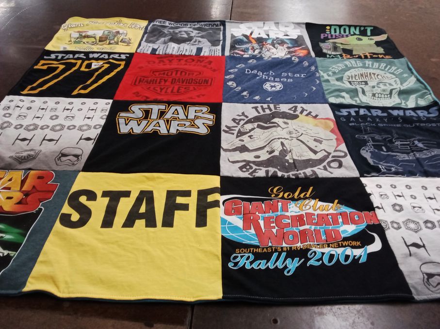 T-shirt quilt with sci-fi, movies themes by Christine from FL