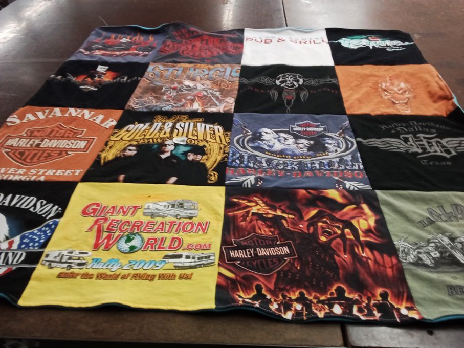 T-shirt quilt with motorcycles, biking themes by Christine from FL