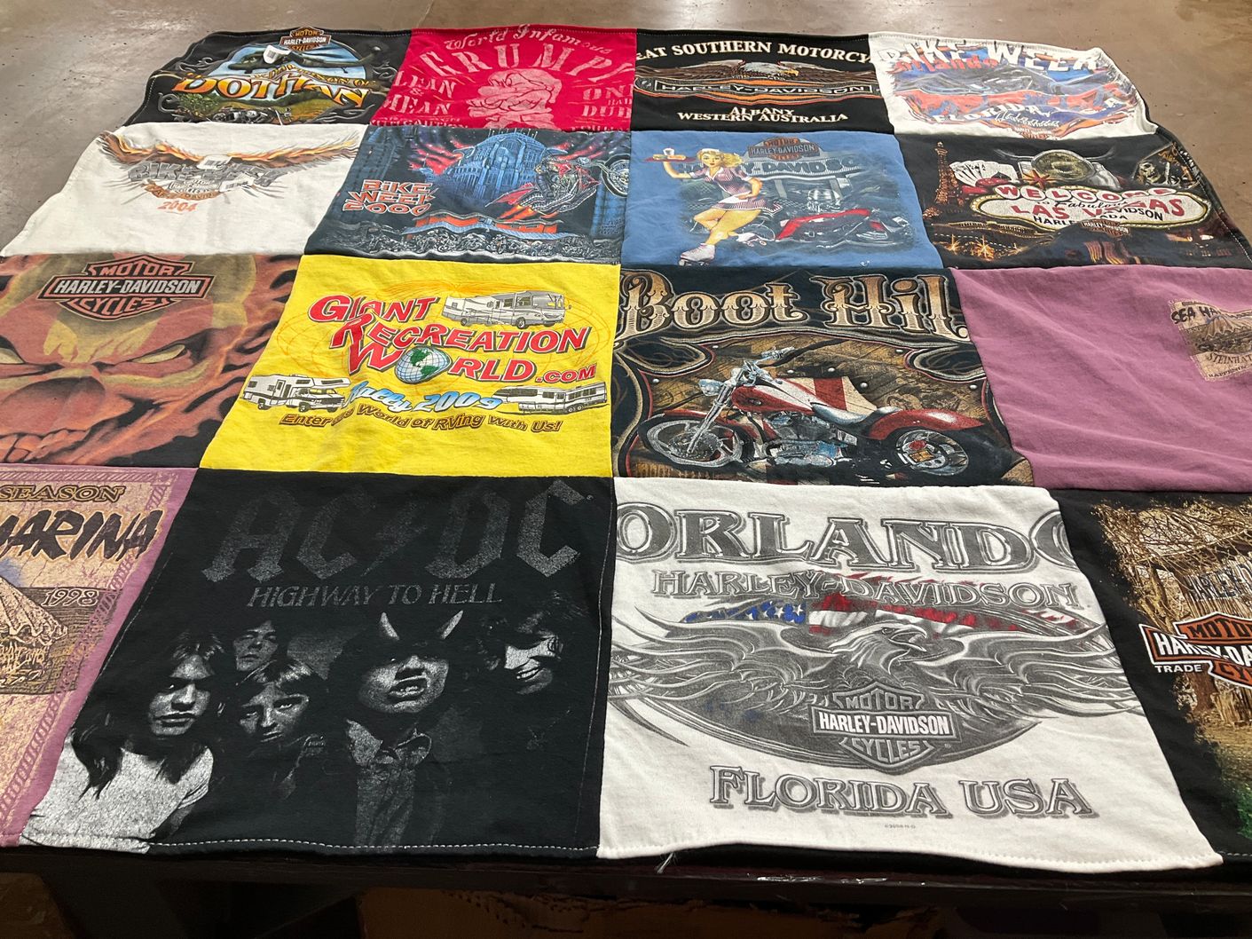 T-shirt quilt with motorcycles, music themes by Christine from FL