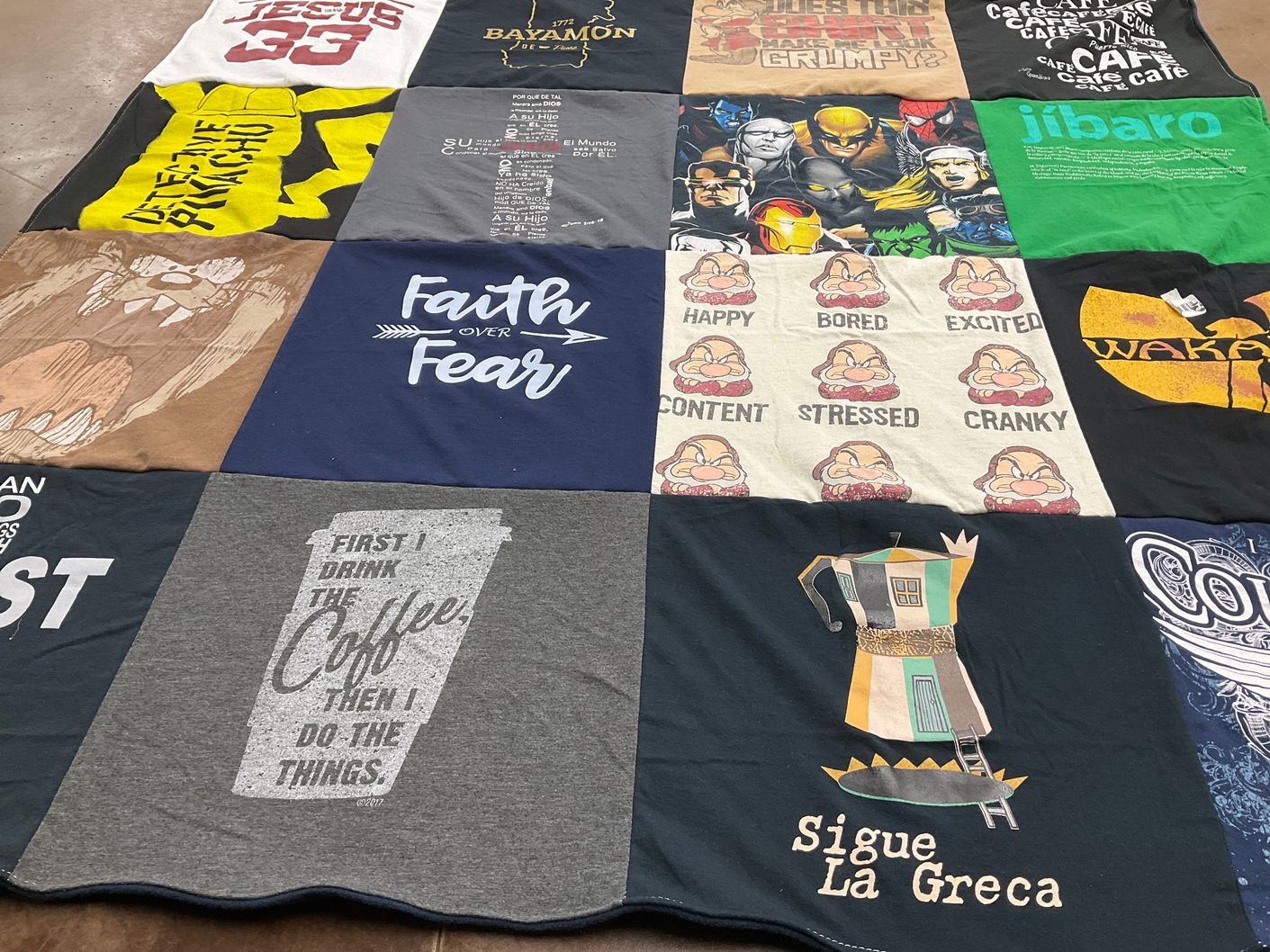T-shirt quilt with coffee, cultural expressions themes by Yolanda from NC