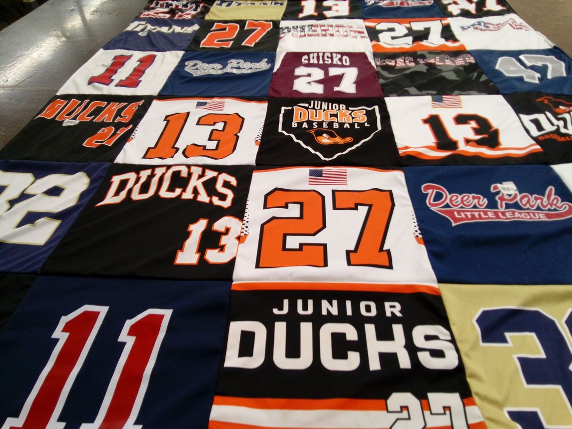 T-shirt quilt with baseball, youth sports themes by SHANNON from NY