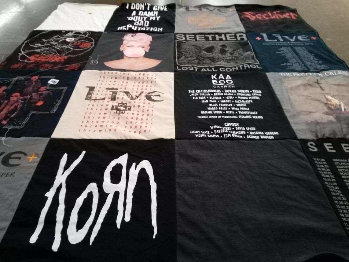 T-shirt quilt with music, concerts themes by Elizabeth from TX