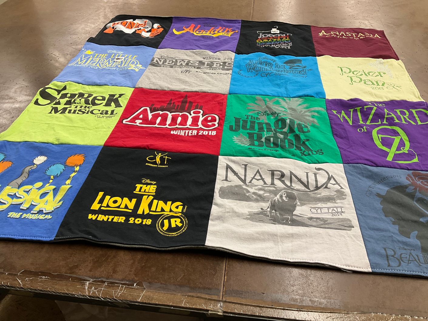 T-shirt quilt with theater, musicals themes by Jessica from CA