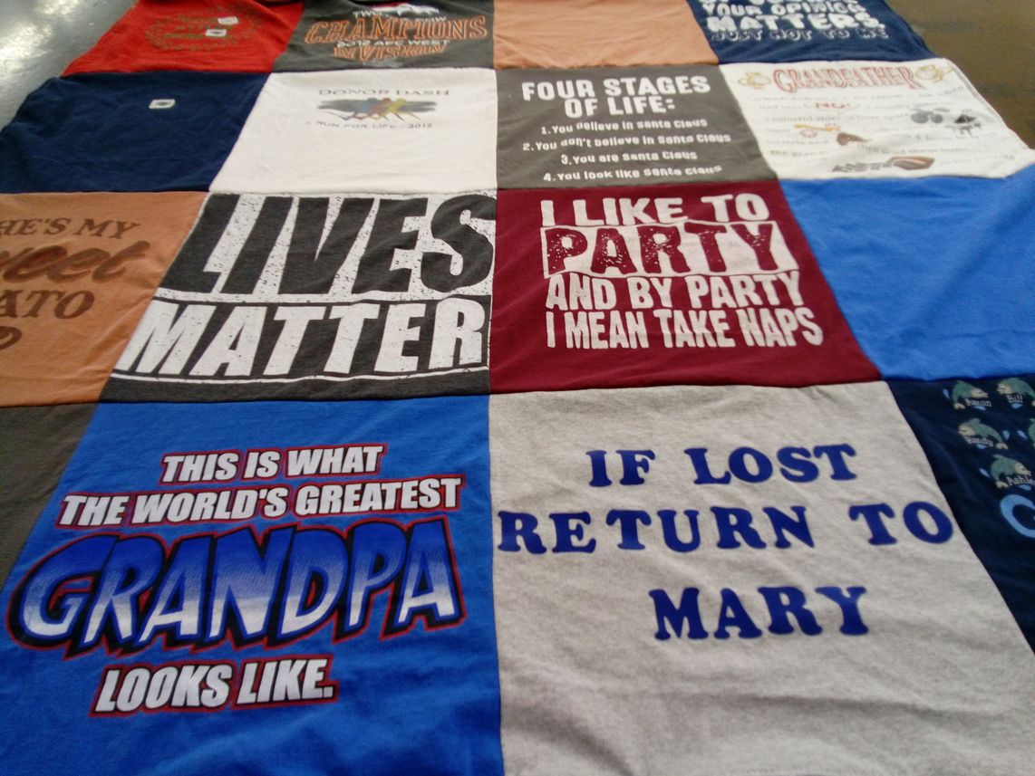 T-shirt quilt with family, humor themes by Alyssa from CO