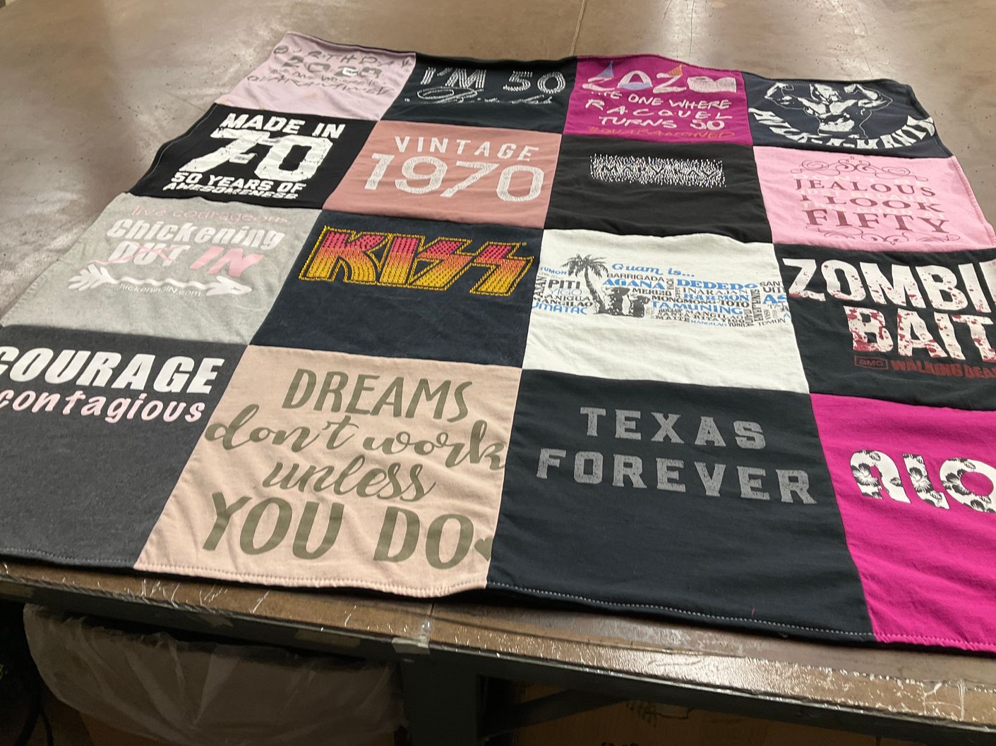 T-shirt quilt with music, zombies themes by Terry from CA