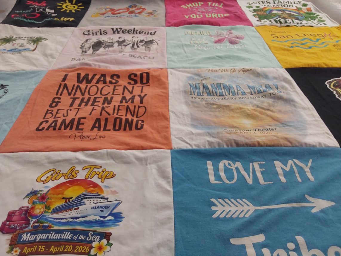 T-shirt quilt with vacation, travel themes by Connie from IA