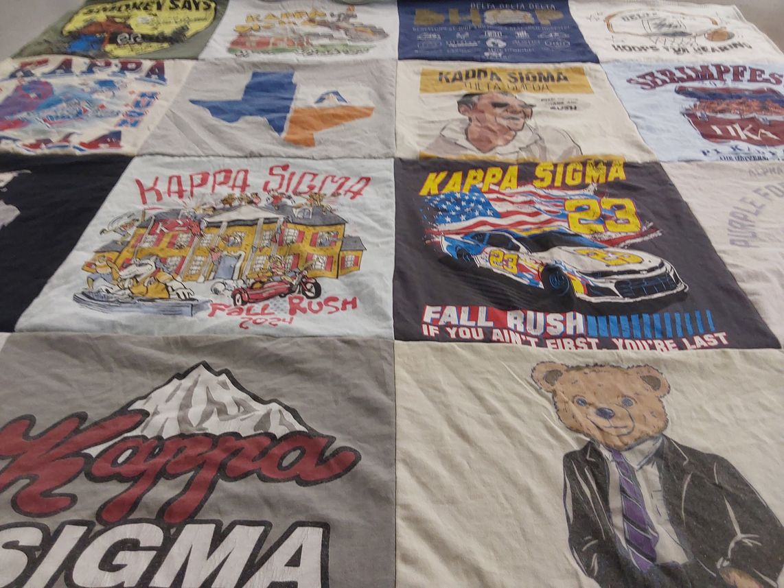 T-shirt quilt with fraternities, college life themes by Keenan from TX