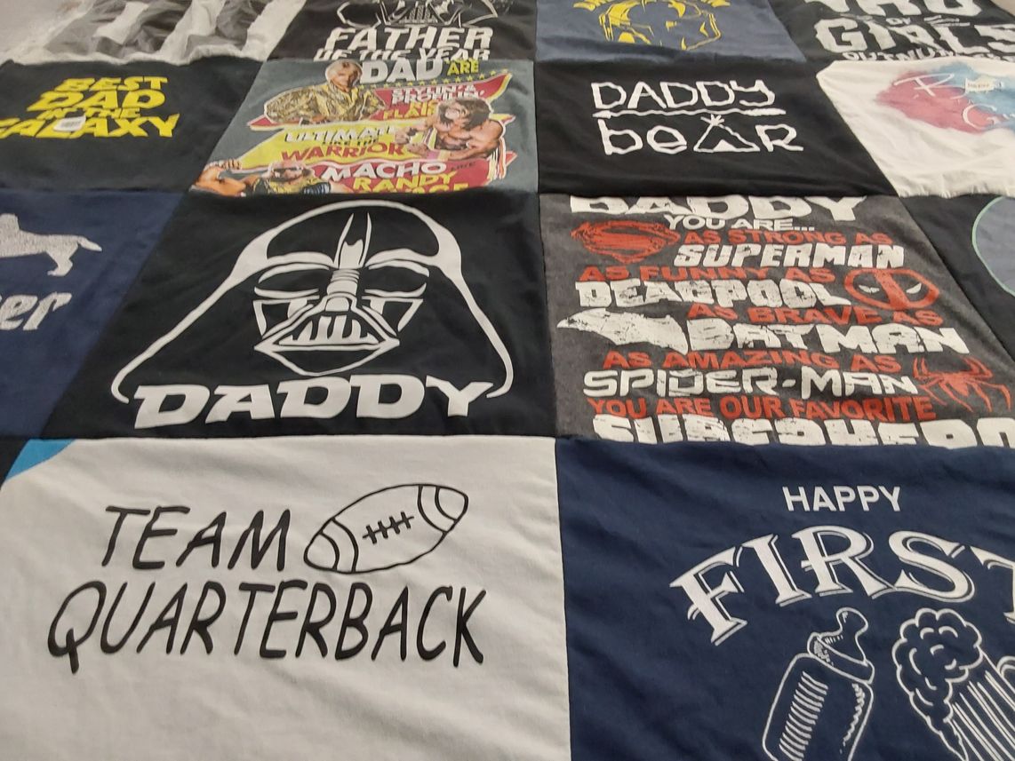 T-shirt quilt with fatherhood, comics themes by Samantha from NY