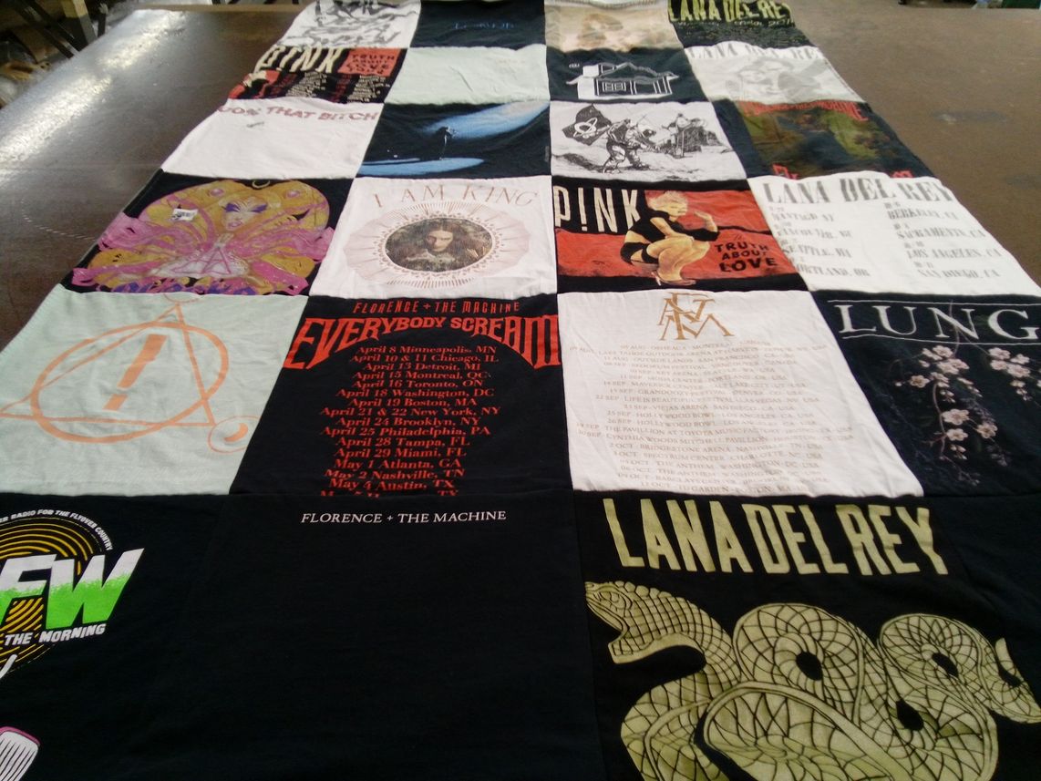 T-shirt quilt with music, concerts themes by Cheryl from WA