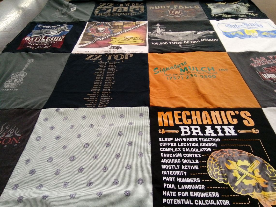 T-shirt quilt with music, engineering themes by Zonia from VA