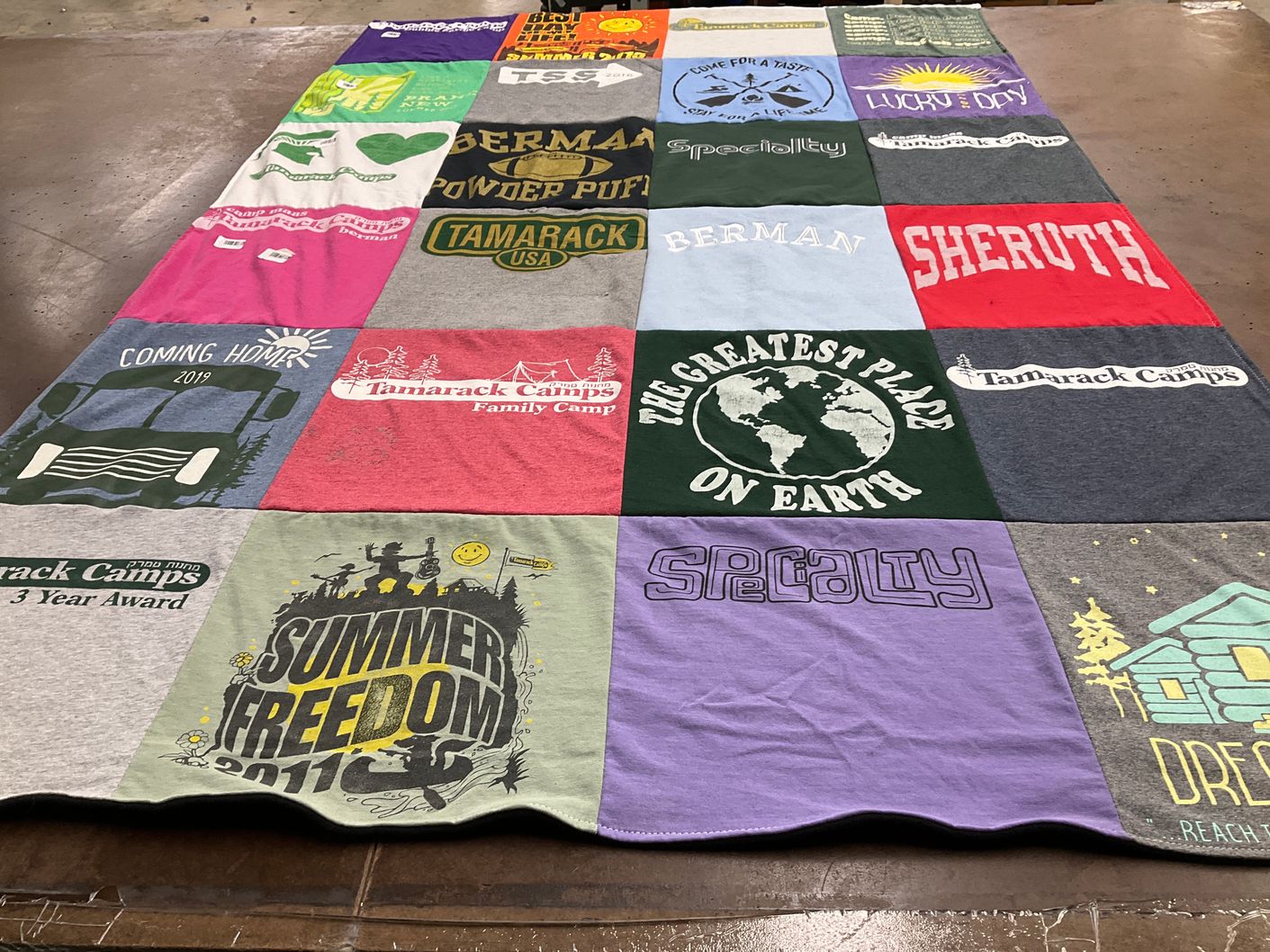 T-shirt quilt with camping, summer camps themes by Nicki from MI