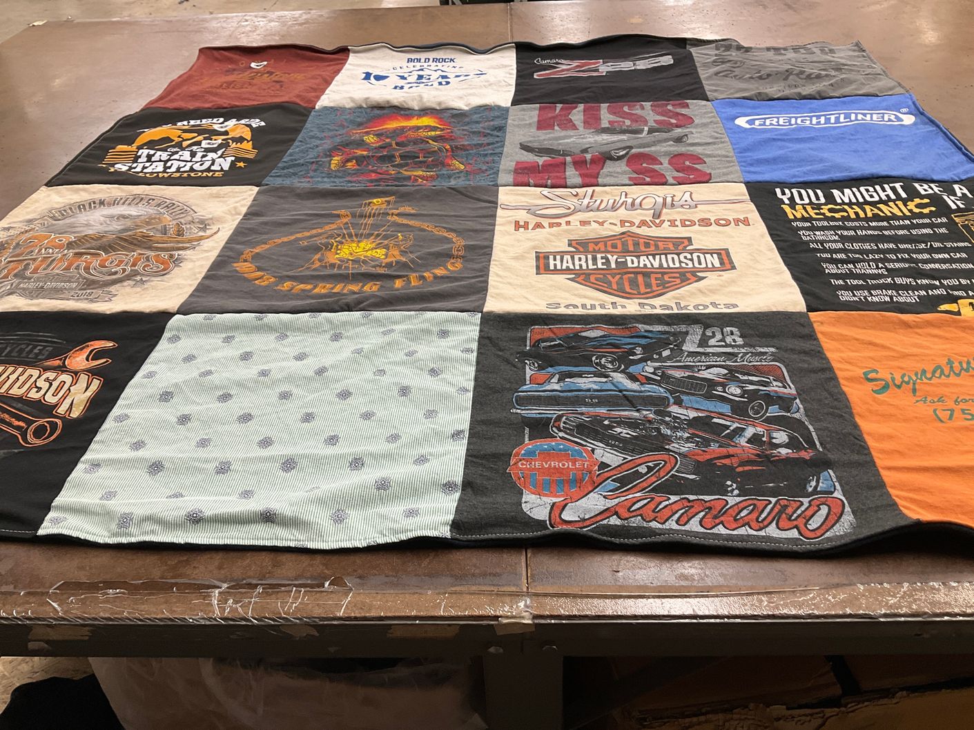T-shirt quilt with motorcycles, mechanics themes by Zonia from VA