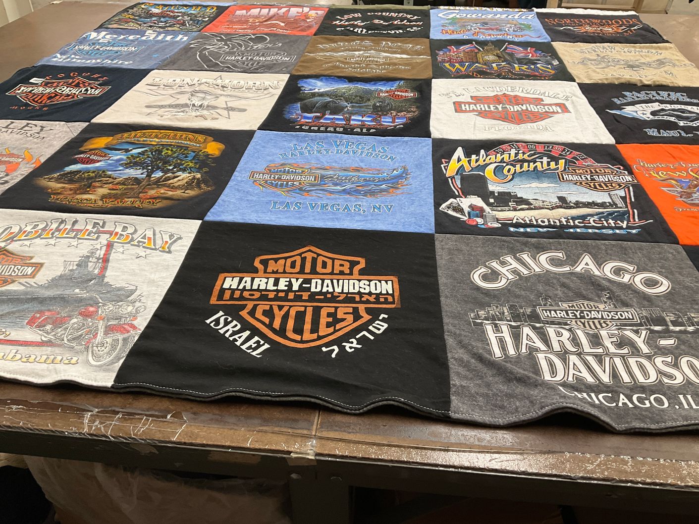 T-shirt quilt with motorcycles, travel themes by Jane from PA